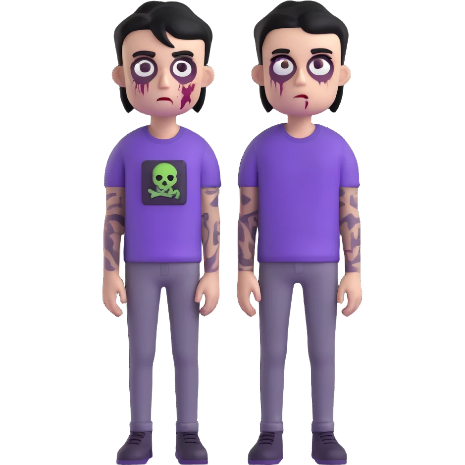 zombie boy with black emo hair and purple shirt, 3D emoji style emoji