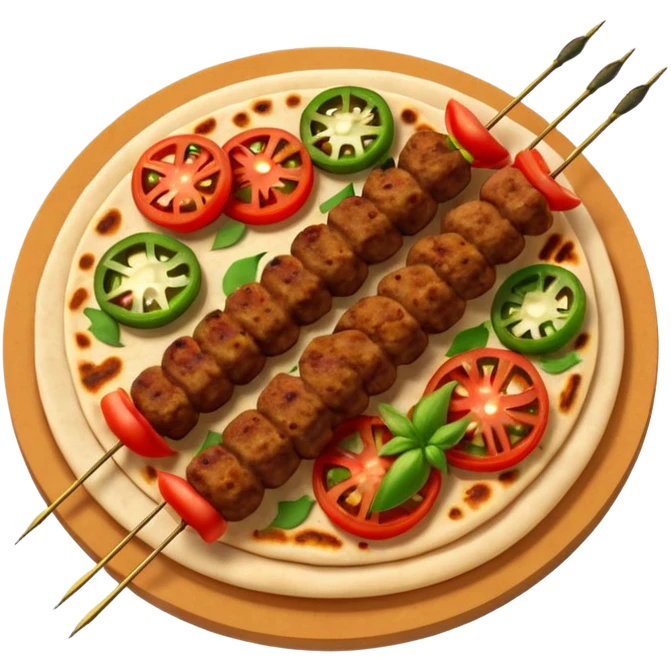 Adana kebab object icon, spicy grilled minced meat skewer, served on flatbread, grilled tomatoes and green peppers on the side, smoky char marks, juicy texture, 3D cartoon, mobile game icon style, centered, clean background, no text, no watermark
 emoji
