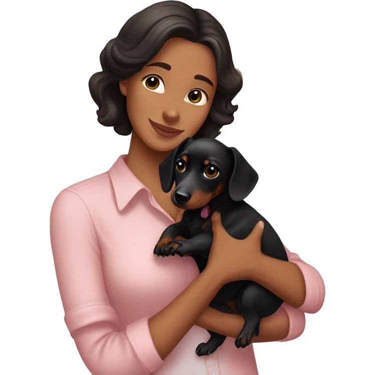 a brunette woman in a light pink shirt, with light skin, holding black dachshund puppy in her arms lovingly emoji