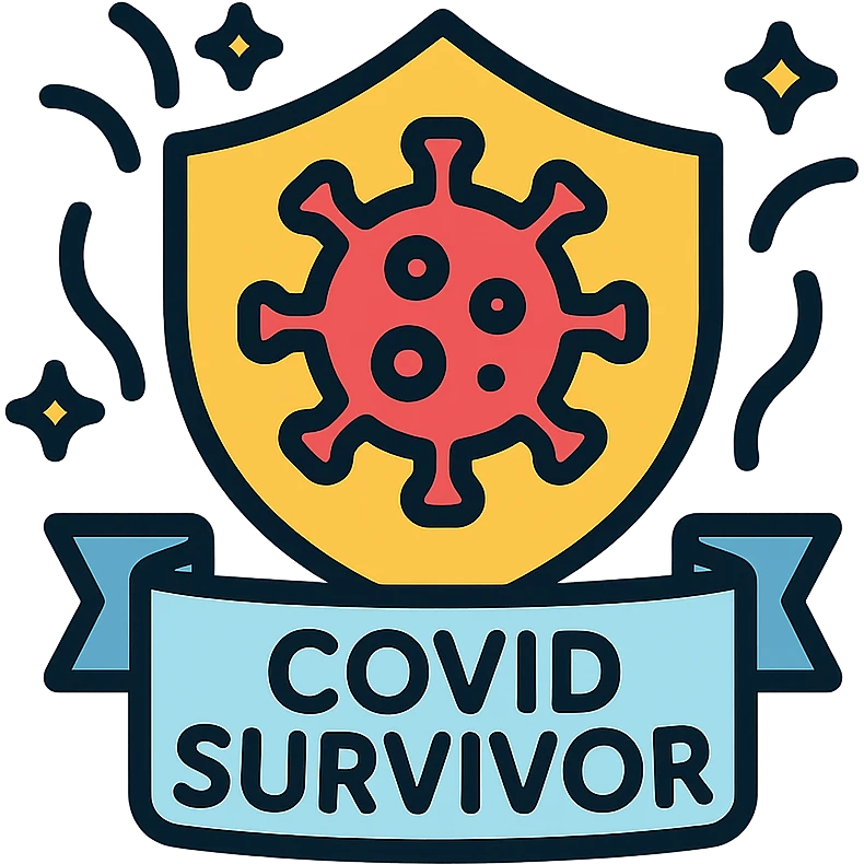 colorful badge icon with a shield and virus symbol, text 'COVID Survivor', celebratory style emoji