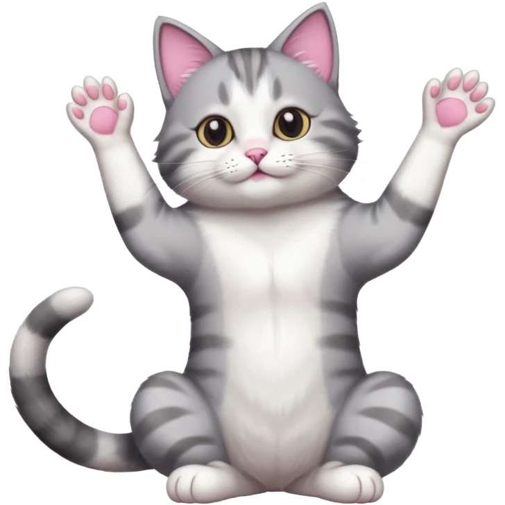 grey and white cat doing a big long stretch emoji