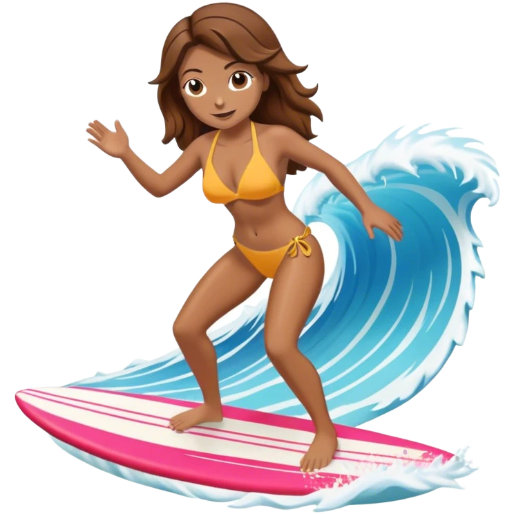 Woman with brown hair surfing wave in 3d bikini emoji