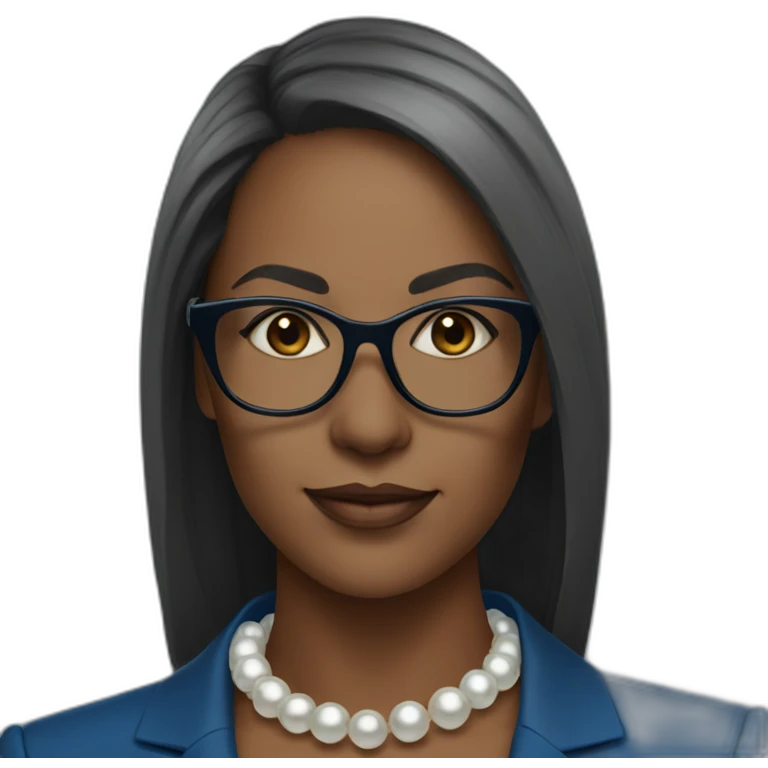 black woman ceo, black glasses, blue blazer, pearl necklace, straight hair emoji