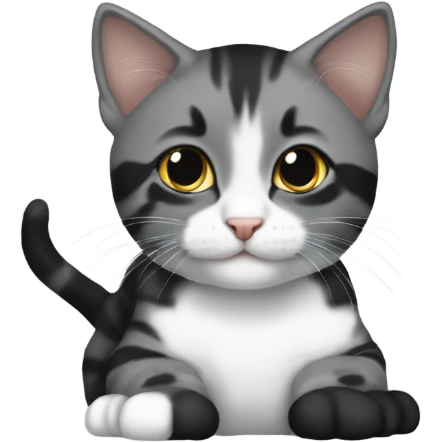 Grey black and white tabbykitten with a black kitten emoji