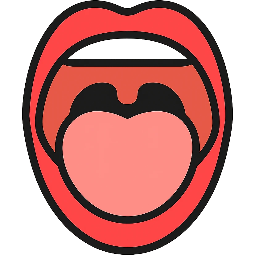 Schematic open mouth with visible tongue, symbolizing speech articulation and sound practice. Vector style, clean and sharp lines. Include realistic shadows and light reflections for depth. Minimalistic, educational design. Transparent background. High contrast between tongue, teeth, and lips for clarity. Flat illustration with soft shading, suitable for speech therapy materials emoji