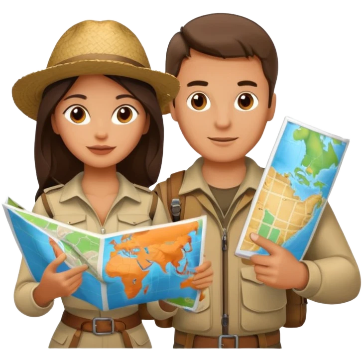 Russian man and elegant Latina girl in adventure outfits with a map planning a trip emoji