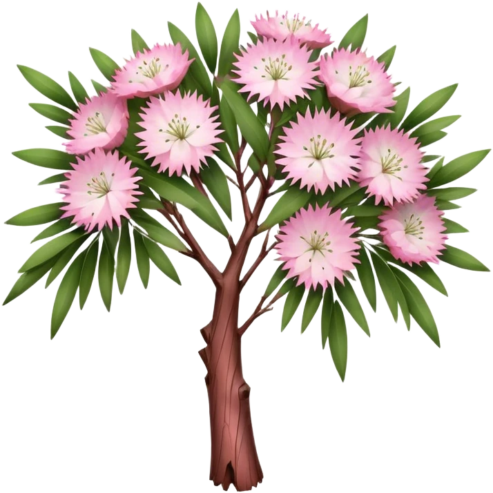 Cinematic Realistic Melaleuca Emoji, Elegant and resilient, with peeling, papery bark and delicate, needle-like leaves. The tree stands tall and graceful, with clusters of white and pink flowers dotting the branches. Soft glowing outline, capturing the essence of natural elegance and resilience in a beautiful melaleuca tree! emoji