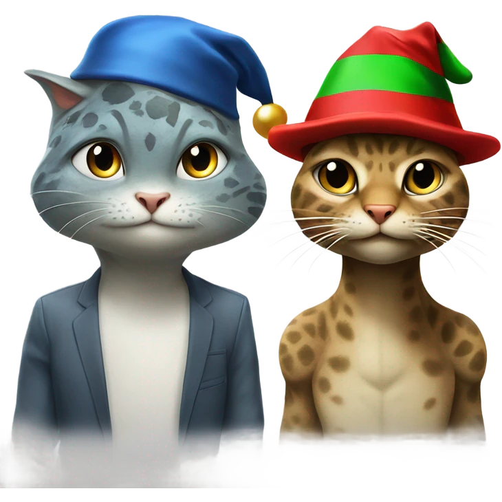 Dinosaur next to cat both wearing Christmas hats that are DJs ￼ emoji