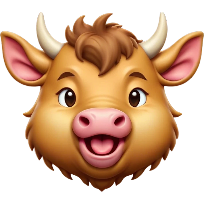 Cinematic Cute Yawning Domestic Ox Portrait Emoji, Head tilted slightly with a dramatic, wide-open yawn, showcasing a soft, textured hide with drooping horns and half-closed, drowsy eyes, Simplified yet irresistibly adorable features, highly detailed, glowing with a soft, cozy natural glow, high shine, relaxed yet expressive, stylized with a dash of pastoral whimsy, soft glowing outline, capturing the essence of a sleepy yet affectionate ox that seems ready to stretch out for a nap! emoji