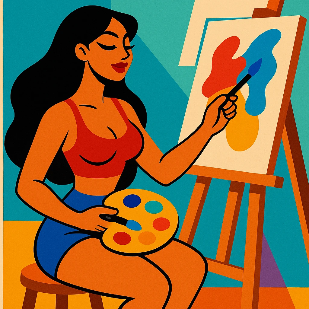 sexy tanned woman artist with long black hair, painting at an easel, holding a paint palette and brush, in vibrant toon style emoji