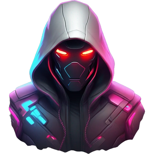 developer behind his laptop with this style : crysis Cyberpunk Riot Games Valorant neon glowing bright red character red dark black hooded assassin themed character emoji