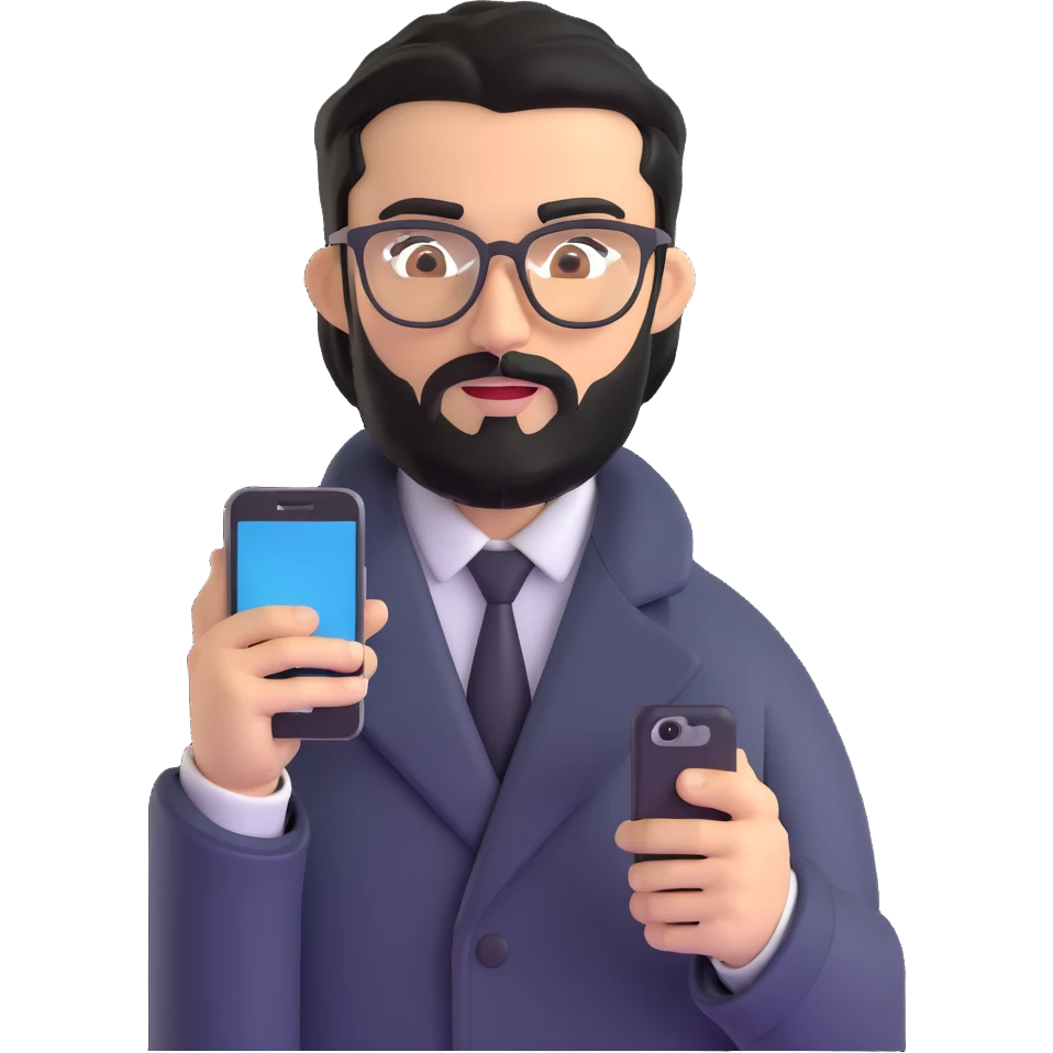 refined professional man standing, wearing black coat, with medium black beard, black hair neatly combed to one side, connected unibrow, olive tan skin, brown eyes, glasses, prominent nose, clearly holding a smartphone in hand emoji