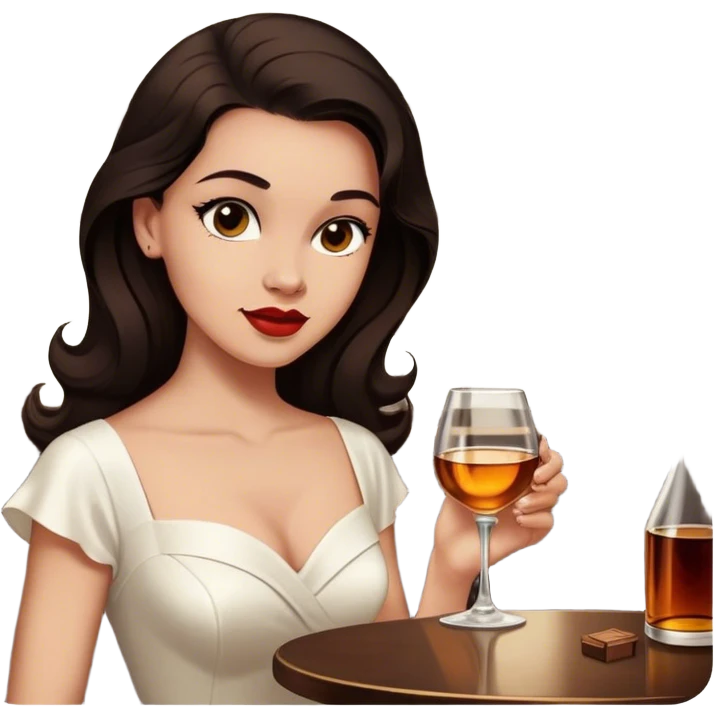Beautiful woman in 1950’s woman fashion look, white dress, long dark brown hair, whisky emoji