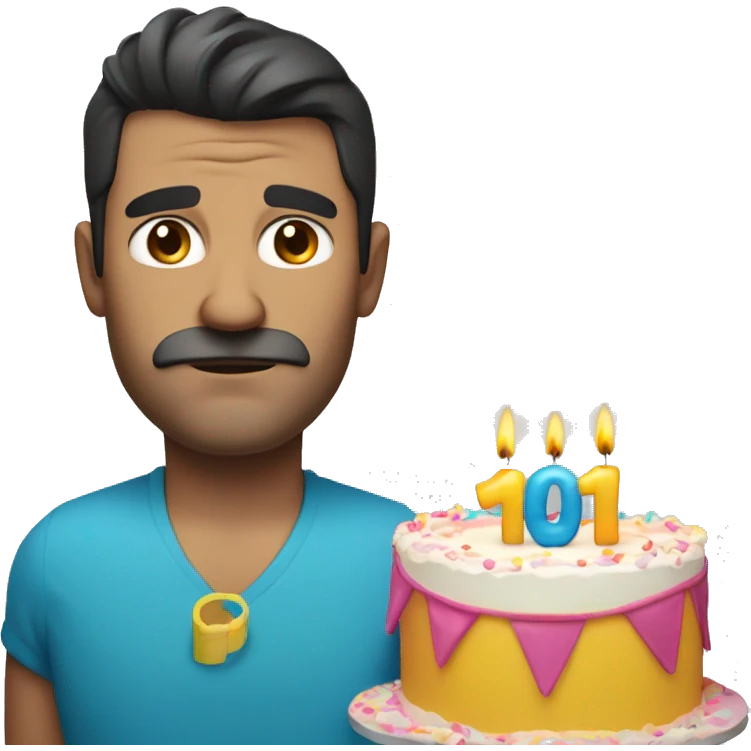 Middle aged dark haired man wearing pool armbands, holding a big birthday cake with a sad face emoji