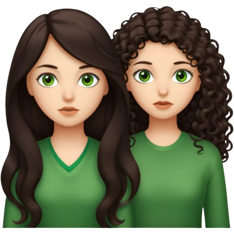 Two scornful girls, 1: long ironed straight darkbrown hair, green eyes, 2: long curly darkbrown hair, brown eyes emoji