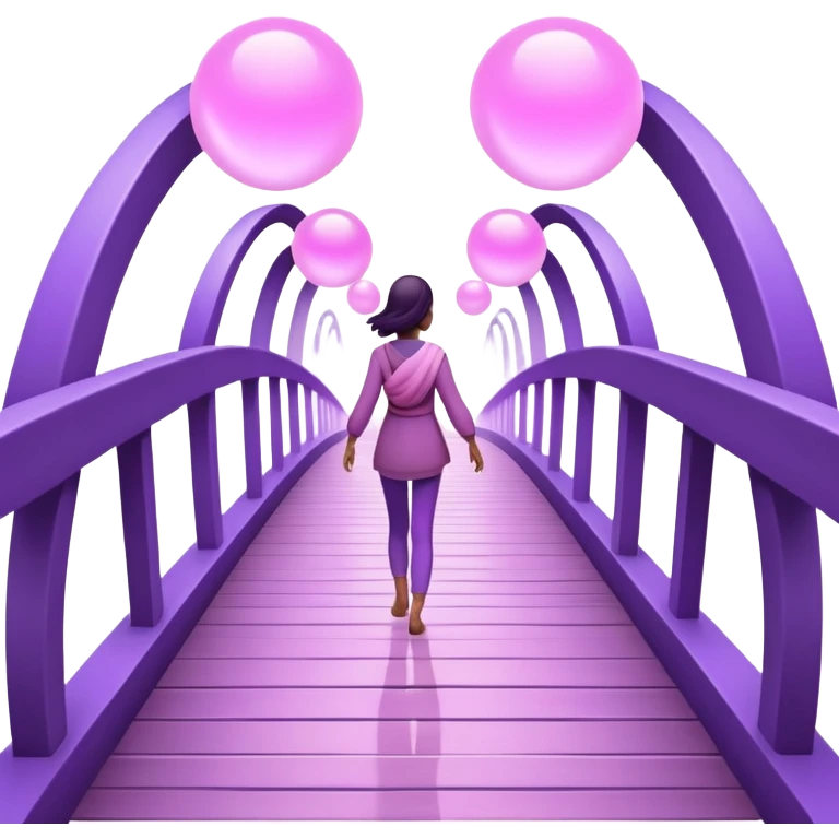 
A small figure walks across a glowing bridge, holding soft pink and purple orbs in each hand—symbolizing compassion and forgiveness. A gentle heart aura trails behind them, showing healing in motion. emoji
