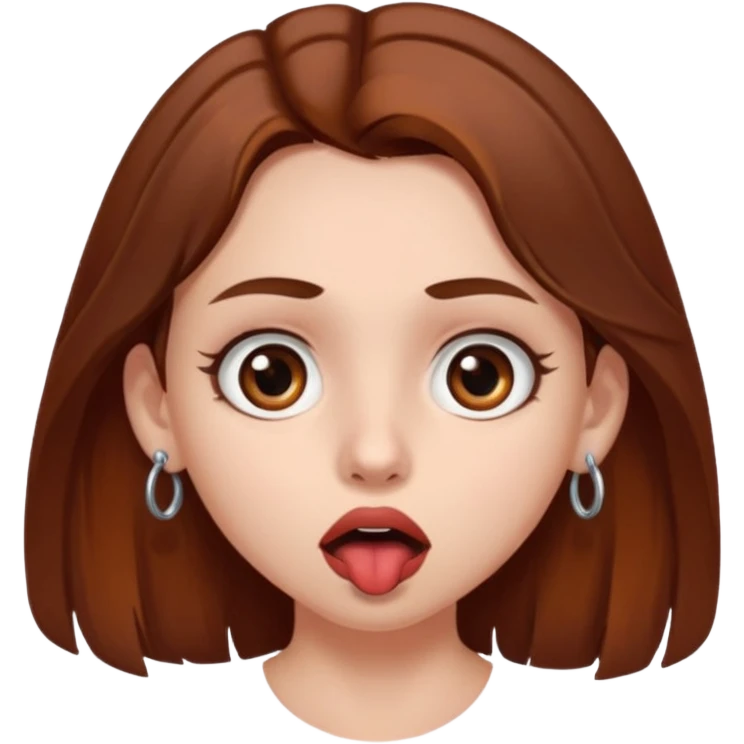 A girl with chest-length brown hair with a reddish tinge, with fair skin, brown eyes and a septum piercing, surprised emoji