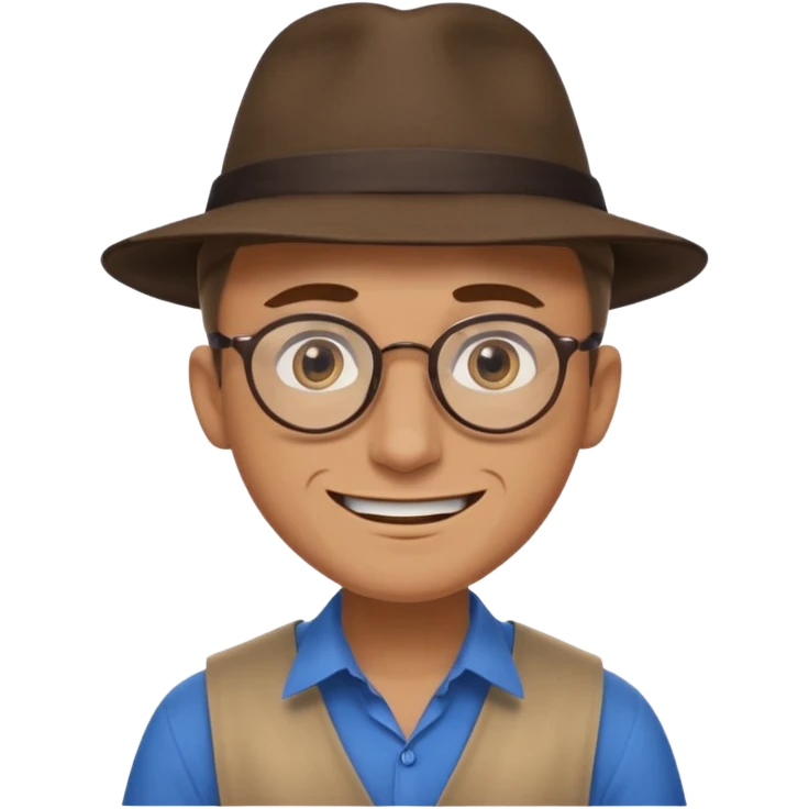 A man with sharp and thin face, brown round glasses, a brown hat and a brown costume with beige chemise (shoulders only), with blue eyes and a large smile on his face and menacing eyes. emoji