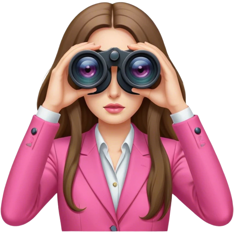 futuristic-looking woman with long hair in an intensive color pink suit looking through two-eye binoculars emoji