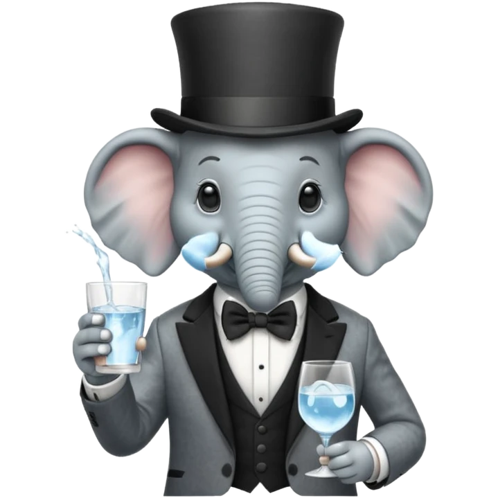 elephant wearing suit, bowtie and top hat, holding glass of water emoji