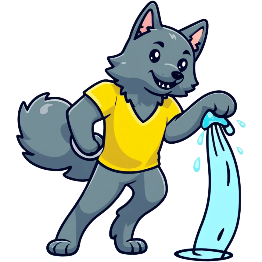 people in yellow shirts spraying water on an anthro black wolf emoji