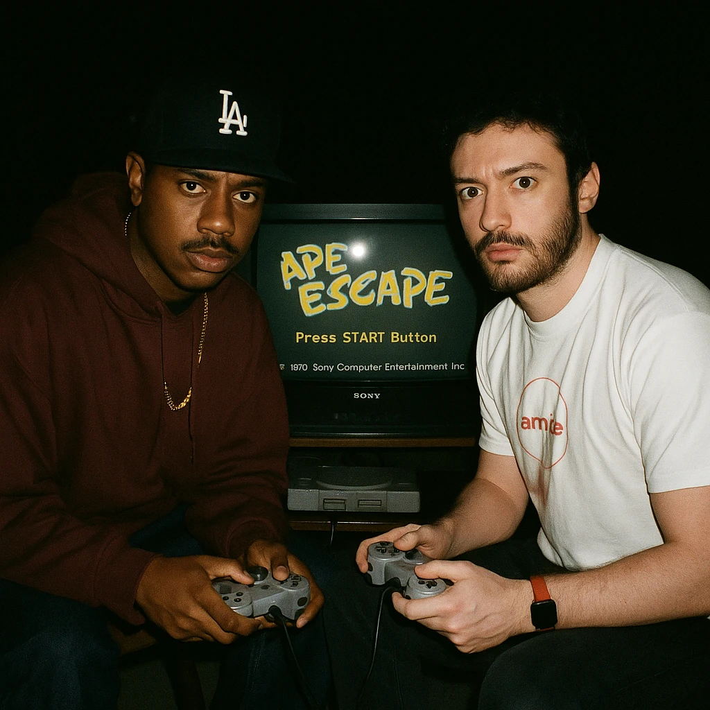 Create a 90s grunge analog photo featuring a famous 90s style rapper (not recognizable) and the boy from the reference photo sitting in front of a CRT TV with Ape Escape on Playstation 1. The room is dark, both hold controllers, and they look at the camera with flash on, creating a retro atmosphere. emoji