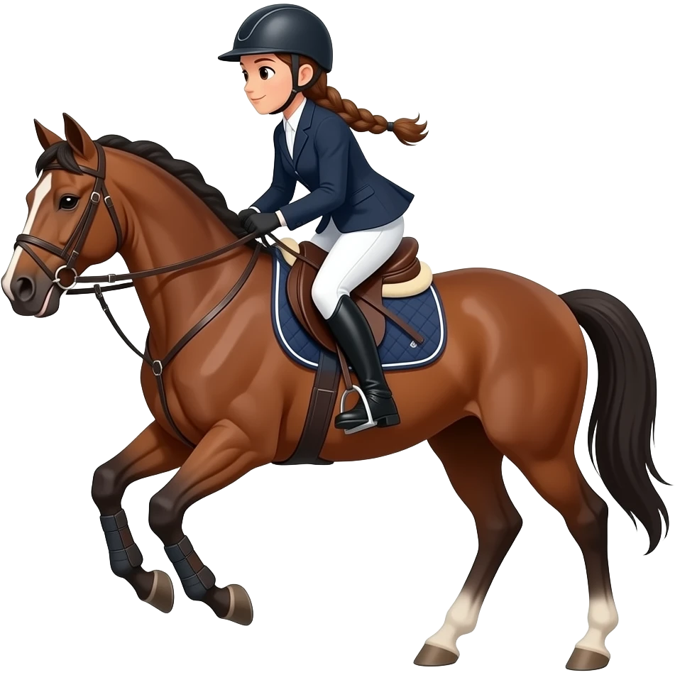 reiterin mit braunen haaren die zu einem zopf geflochten sind. mit schönem pferd. springturnier emoji