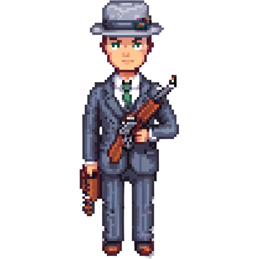 mafia guy in pinstripe suit, holding a tommy gun, pixel art style emoji