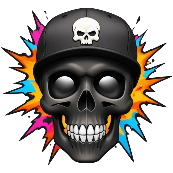 smooth black skull with wild graffiti explosion and hypebeast streetwear brand logos, angled view emoji