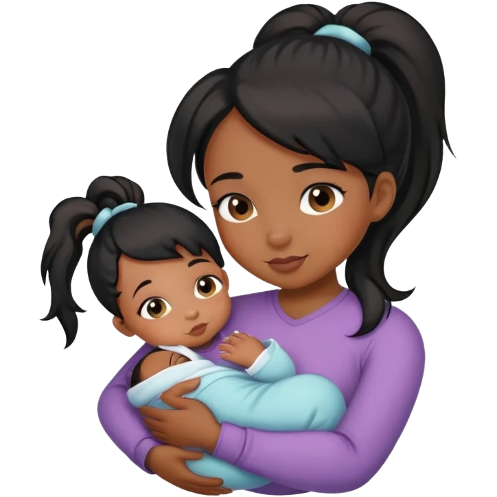 black Ponytail girl hugs a newborn baby and a girl emoji