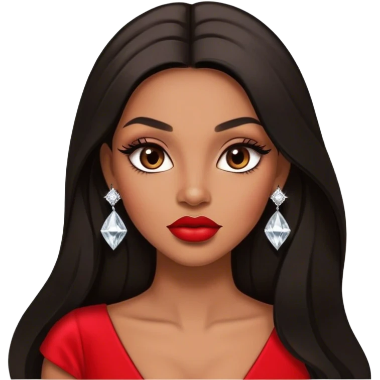 light brown skin tone, very beautiful woman, with big plump lips, long long lashes, black straight long hair, brown eyes, red dress, diamond stud earrings emoji
