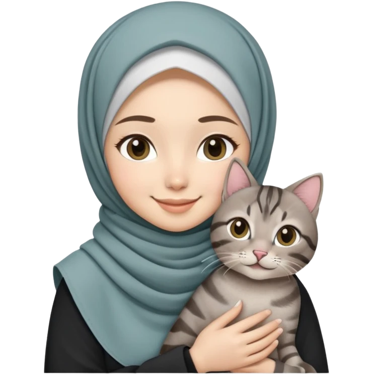 Asian white girl wearing pretty hijab holding a black grey tabby cat with smiling emoji