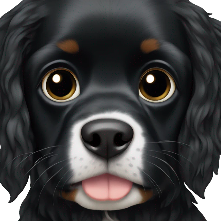 Small completely black king spaniel with black fur on his whole face and white stripe on chest emoji