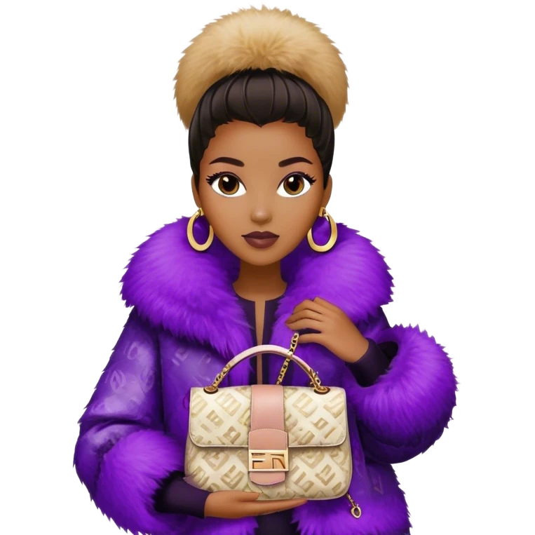 Beautiful black woman wearing a monogram Fendi jacket with a fur trim. She is carrying a purple sequin Fendi Baguette bag. I want the image close up emoji
