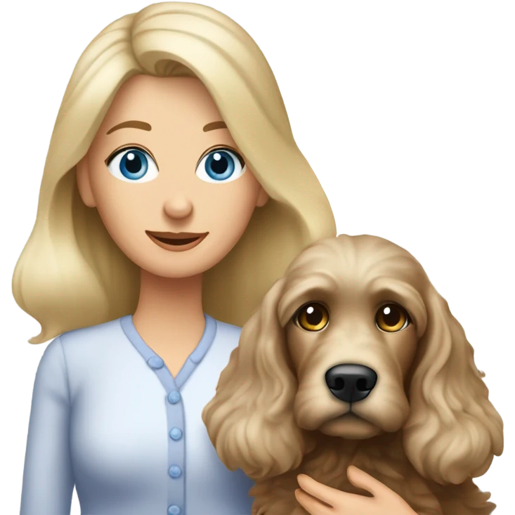 62 year Old blue eyed blonde lady with long straight hair with dark brown Cockapoo puppy dog emoji