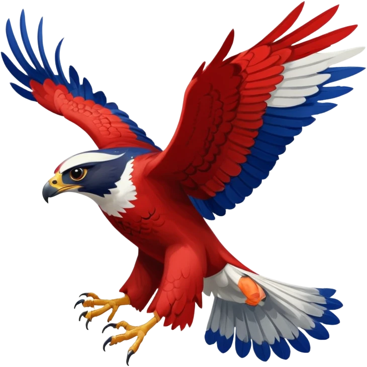 a falcon in mid-fall, wings flared, feathers ruffled, dramatic sense of motion, falcon colored red, white, and blueish emoji