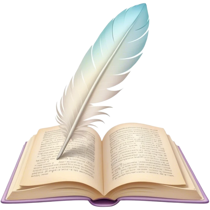 Create a delicate and poetic emoji representing poetry. The design should feature several elegantly flying pages with short poetic columns written on them. The pages should appear light and flowing, almost as if being carried by the wind. Include one white feather, gently resting on the pages, symbolizing creativity and inspiration. Use soft, pastel tones to give it a dreamy, artistic feel. The design should feel ethereal and whimsical, capturing the essence of poetry. Make the background transparent. emoji