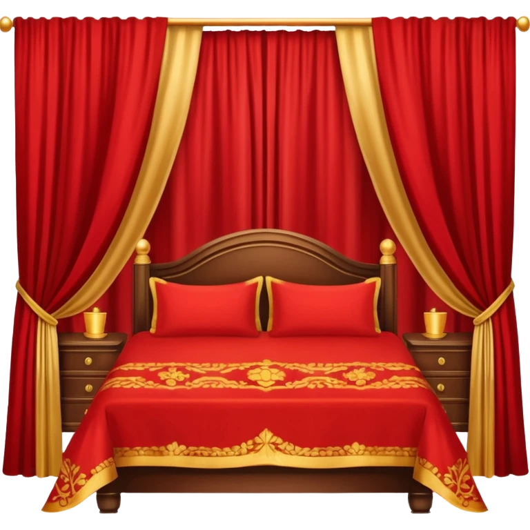 bed with red and gold sheets, wooden, red courtains emoji