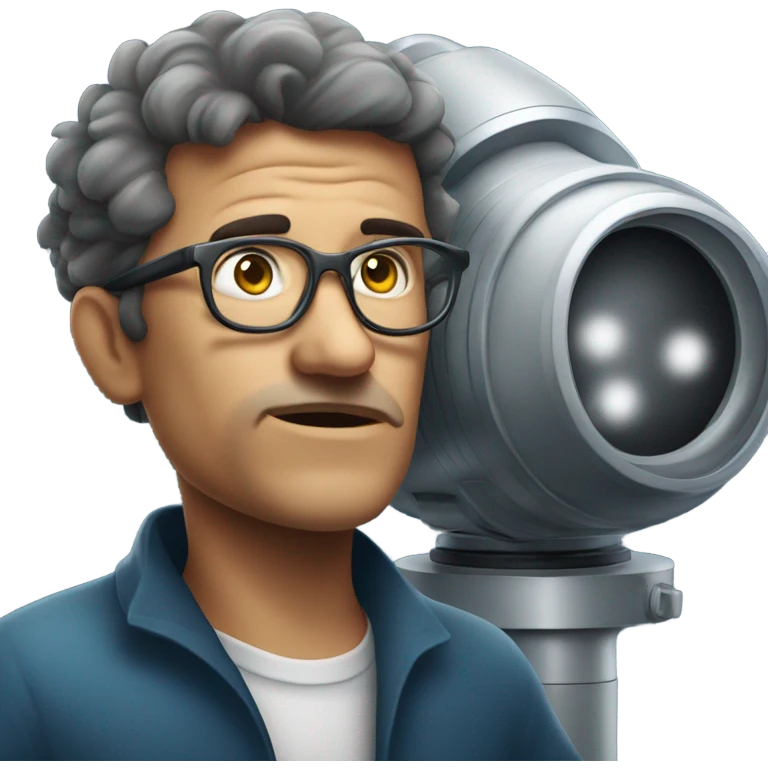 Astronomer with glasses pushed up on his forehead bending over to look through huge telescope emoji