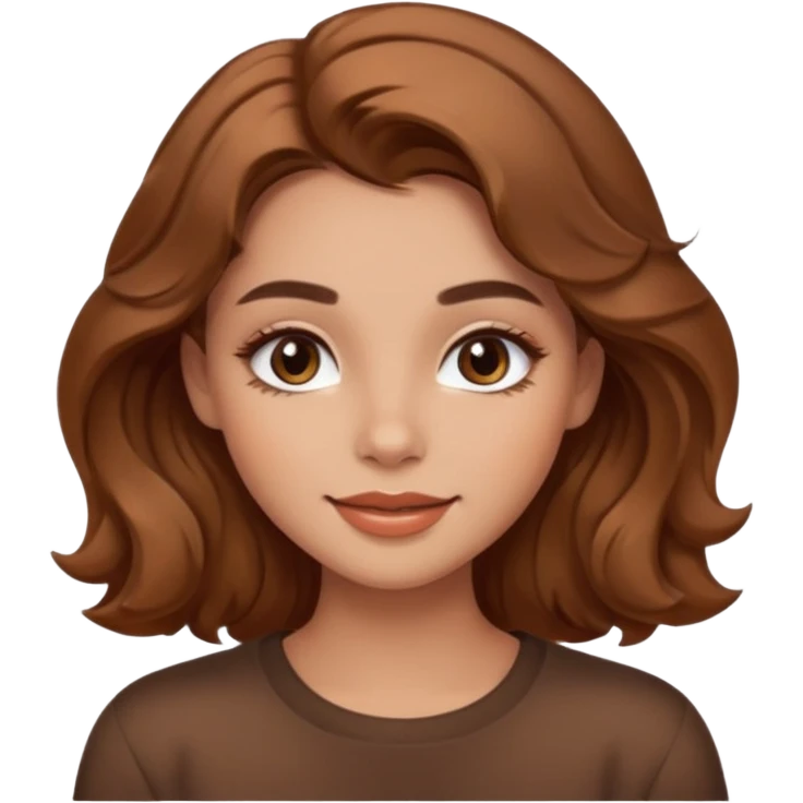 emoji girl with warm bronzy eyeshadow, caramel shimmer, fluffy brows, glossy nude lips, soft contour, wavy brown hair, cozy calm smile emoji
