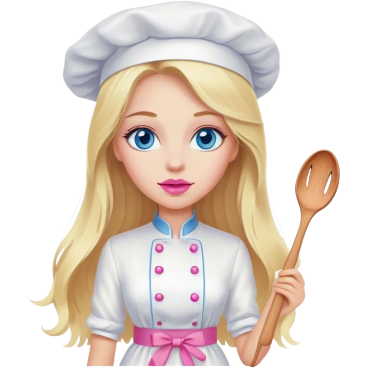 Cinematic realistic beautiful blonde with long hair, blue eyes and pink lips in a white dress cooks emoji