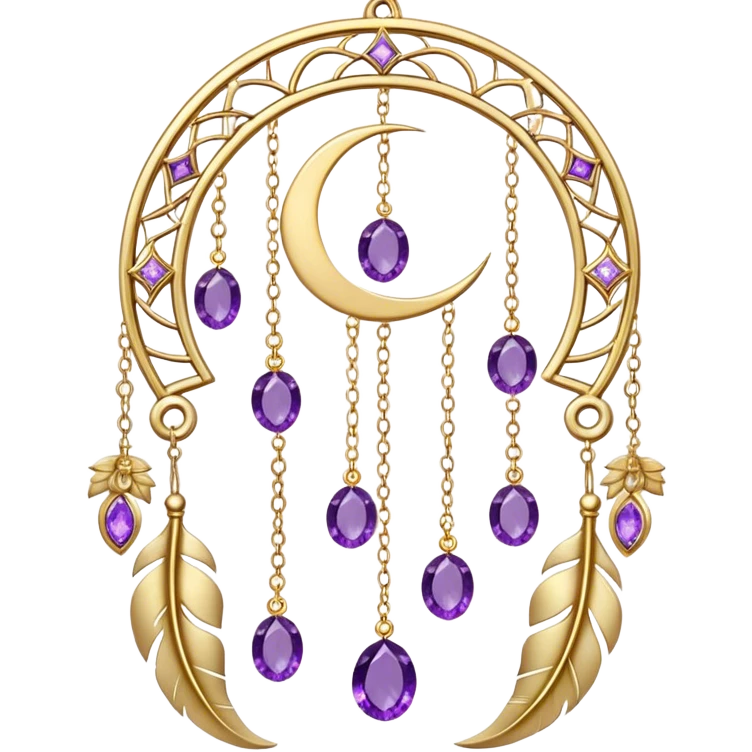 Epic beautiful gorgeous cute gold suncatcher, threads with shiny sparkly amethyst gemstones, flowers, crescents-moons, stars, gold Feathers  emoji
