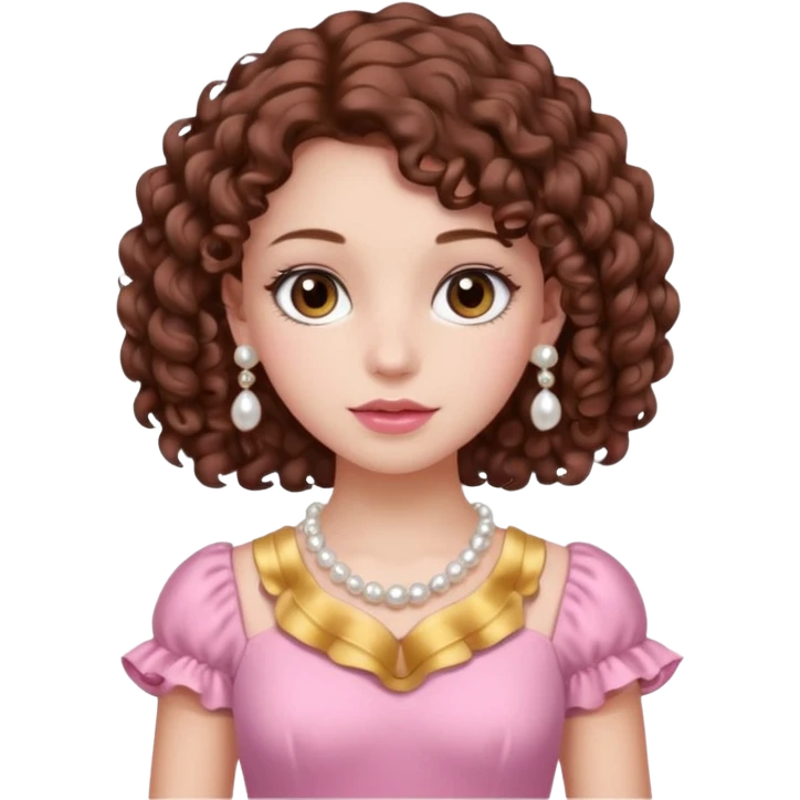 A girl with a brown curly hair and beautiful brown eyes and white skin and pink dress with pearl jewelry emoji
