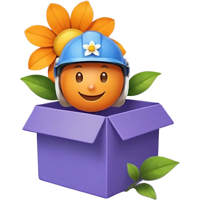Sticker with a cartoon illustration of a flower in a box. the flower is orange with a yellow center and has a big smile on its face. it is wearing a blue helmet with a white visor. the background is purple with small white stars scattered around. the box is brown and has two green leaves on top. the overall design is simple and cartoon-like. emoji