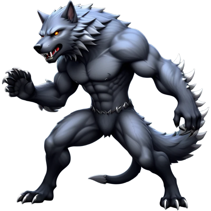 cinematic-noble-fierce-werewolf-full-body-emoji, poised-and-imposing, with a tall, lean, and muscular wolfish frame inspired by the brutal, imposing shape of the beast from Berserk, fur rippling in shades of midnight black and silver, massive paws with razor-sharp claws, elongated limbs and fangs, eyes glowing with an intense, primal ferocity, reflecting the untamed power of the wild moonlit night; rendered with realism emoji