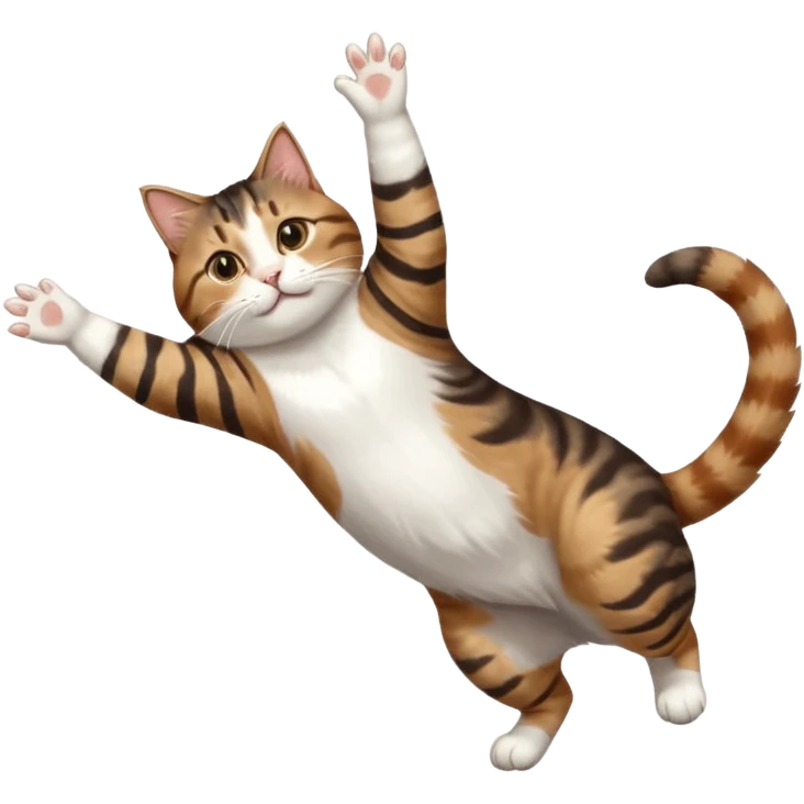 brown tabby and white cat with doing a big extremely long stretch reaching up into the air with arms and legs side by side together straight and overextended whilst lying on its side emoji