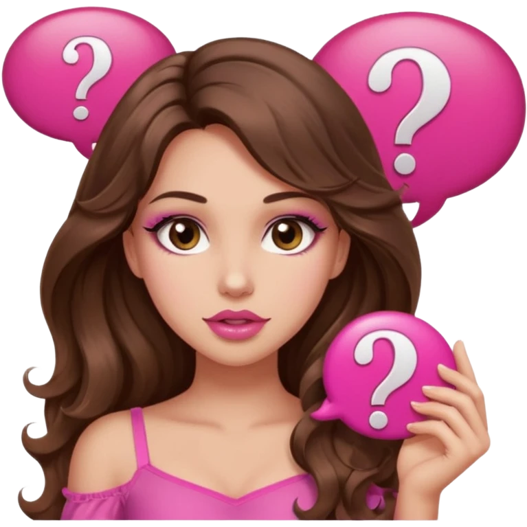girl with long wavy brown hair, brown eyes, long lashes makeup, sexy pink lips, light to medium complexion, wearing a pink sexy top, shugging, question mark one speech bubble emoji