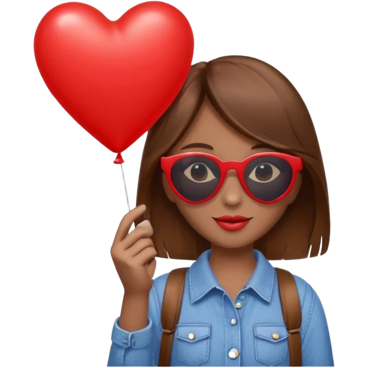 brown hair girl with sun glasses holding red heart balloon emoji
