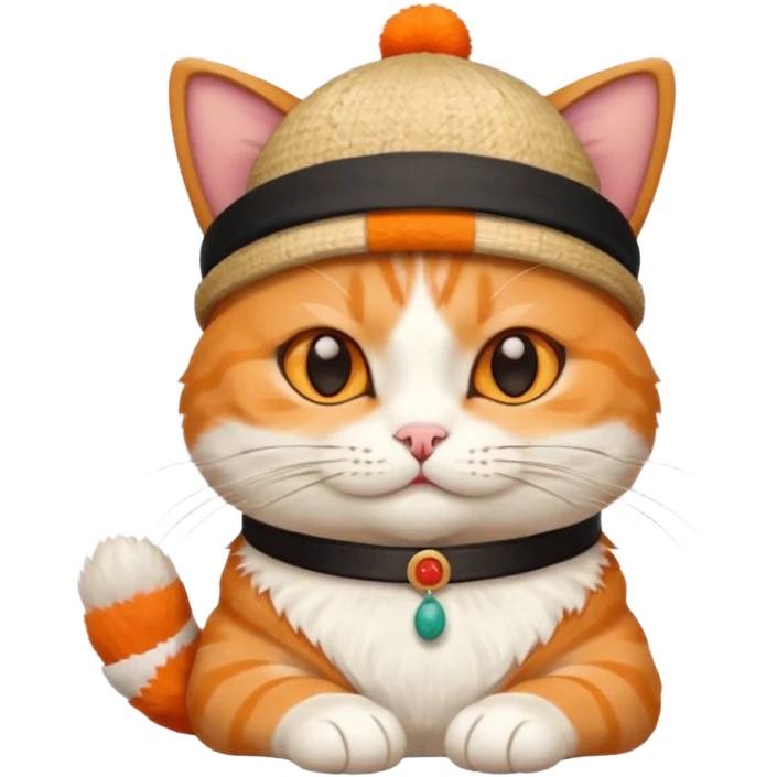 cat with its fingers crossed wearing a hat made out of sushi emoji