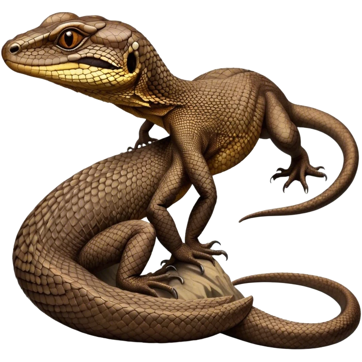 Cinematic Noble brown monitor Lizard Portrait Emoji, Poised and regal, with a robust, scaled body exhibiting striking, mottled patterns and piercing, alert eyes, Simplified yet sharp and sophisticated features, highly detailed, glowing with a soft, earthy glow, high shine, intelligent and formidable, stylized with an air of ancient wilderness, focused and commanding, soft glowing outline, capturing the essence of a watchful and confident reptilian guardian that appears ready to stride out of the screen with effortless authority! emoji